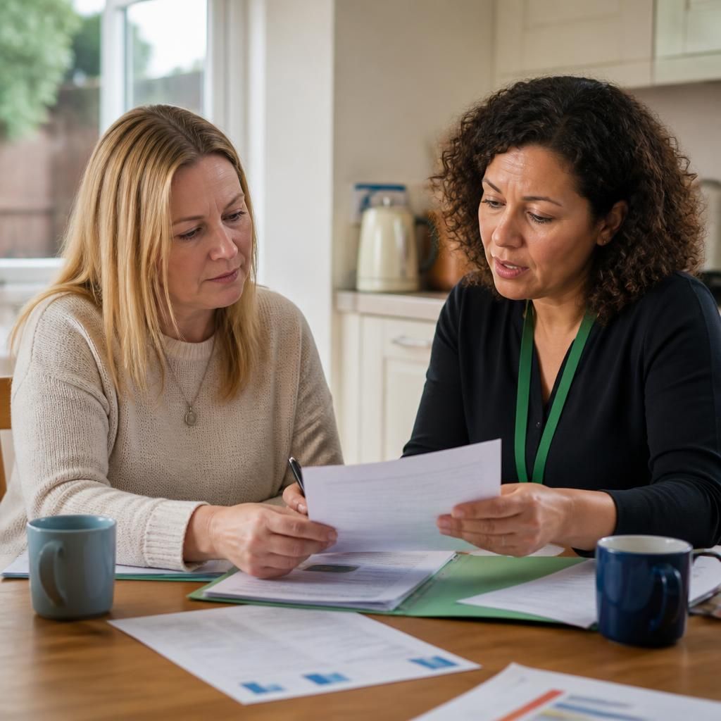 Foster carer and social worker reviewing a child’s placement information and care arrangements