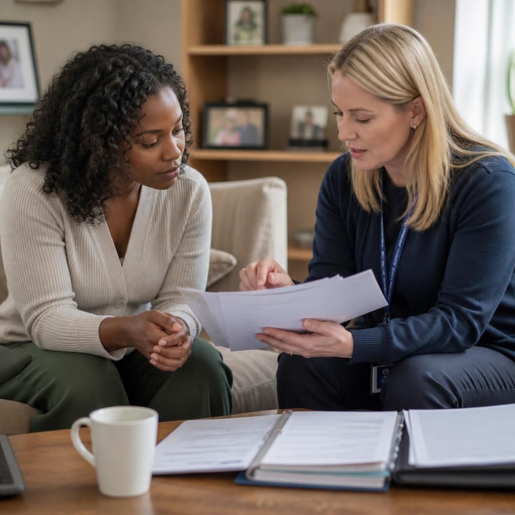 Applicant discussing fostering paperwork with an assessing social worker at home