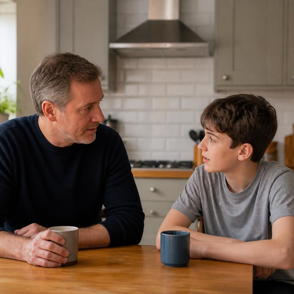Adult and child talking together at a kitchen table