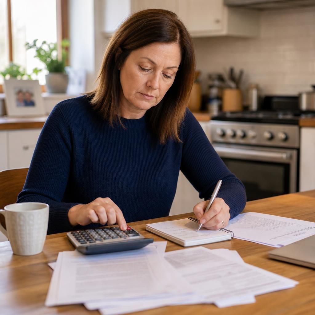 Foster carer reviewing household budget documents with a calculator and notebook