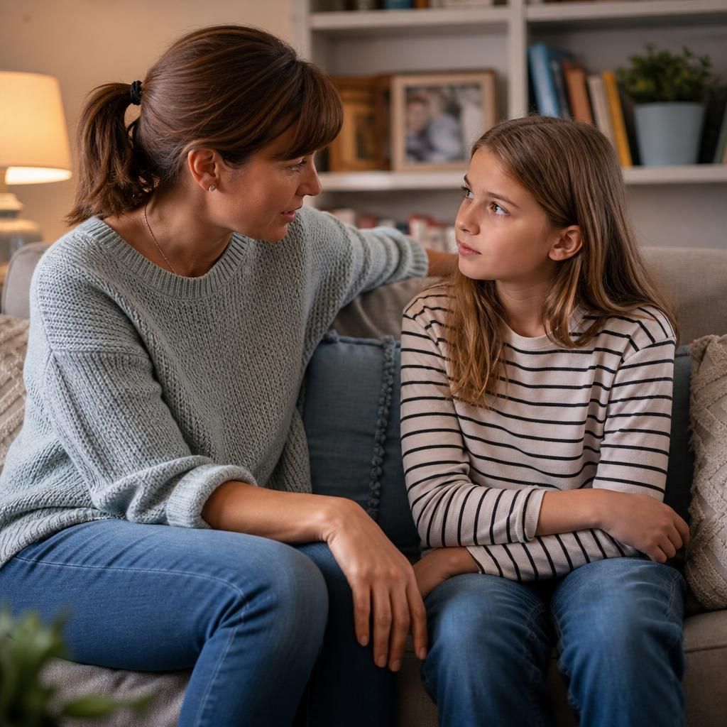 Foster carer sitting beside a child and talking calmly at home
