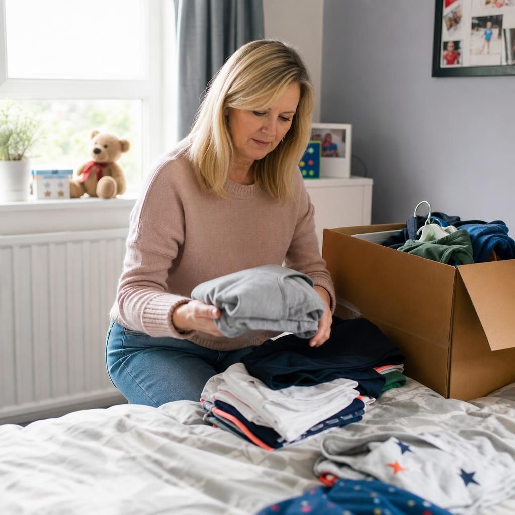 Foster carer organising clothing and belongings for a child