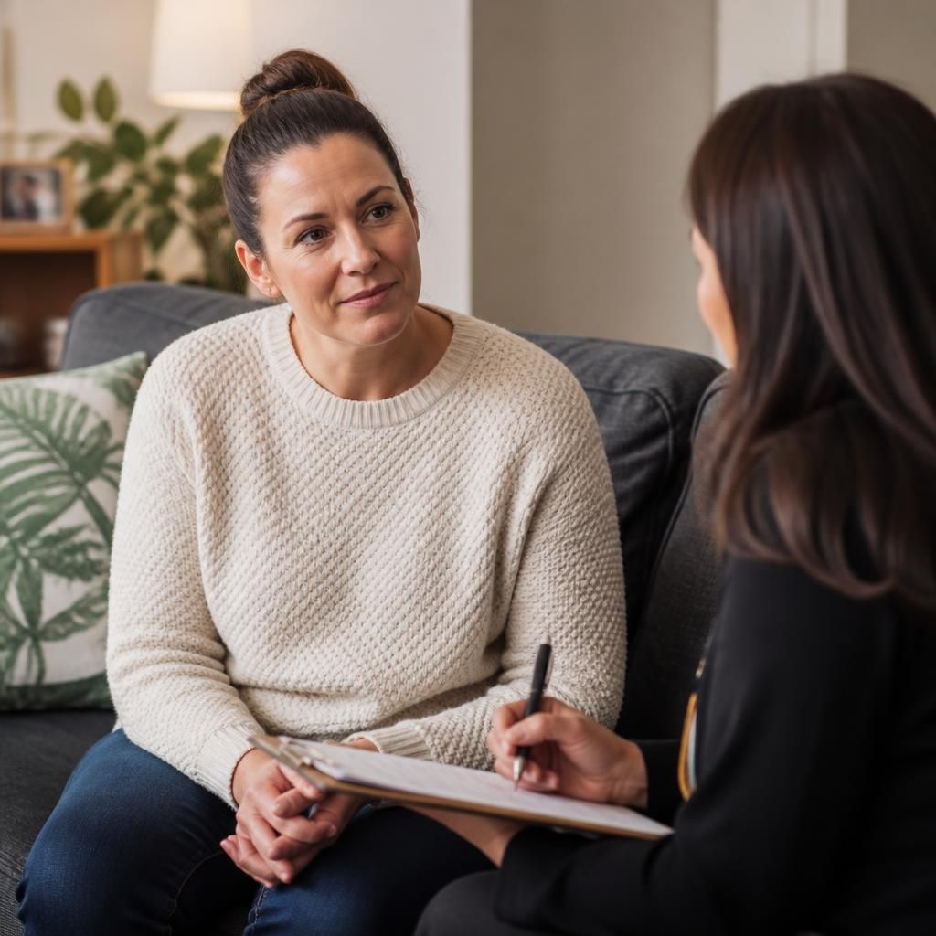 Single foster carer speaking with a social worker at home