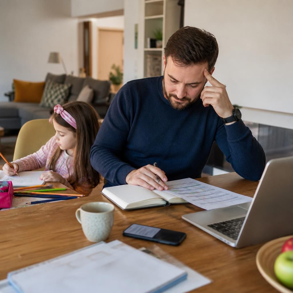 Foster carer reviewing a work schedule at home with a child nearby