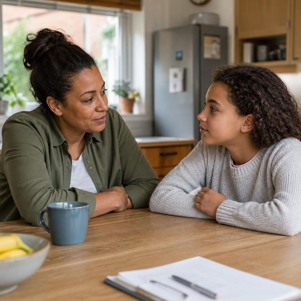 Foster carer and child talking calmly at a kitchen table