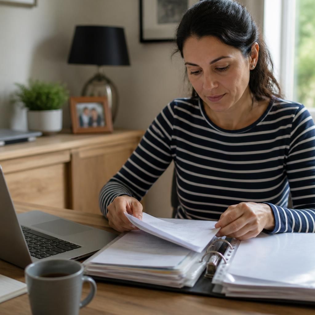 Foster carer organising assessment paperwork in a folder beside a laptop