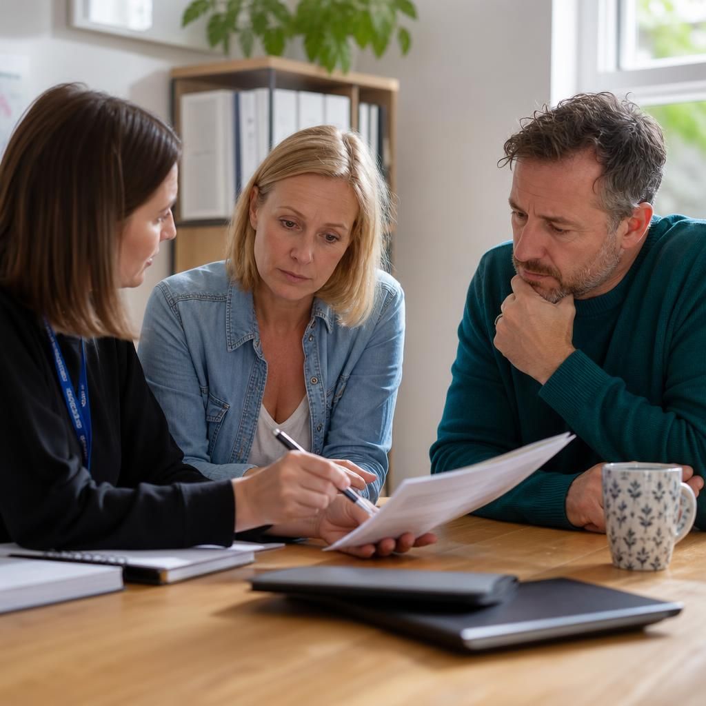 Foster carer and social workers reviewing documents for a fostering agency transfer