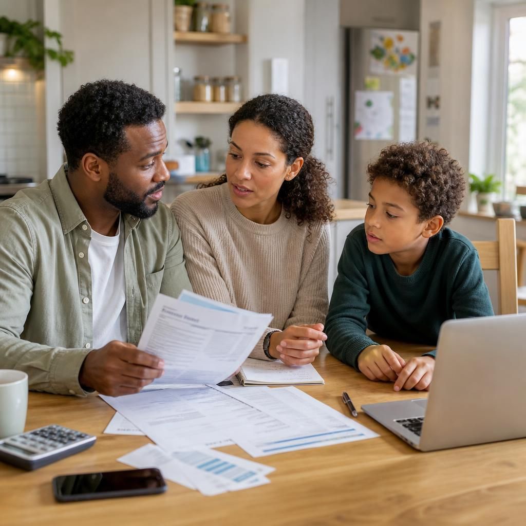 Family discussing the practical costs and arrangements of fostering