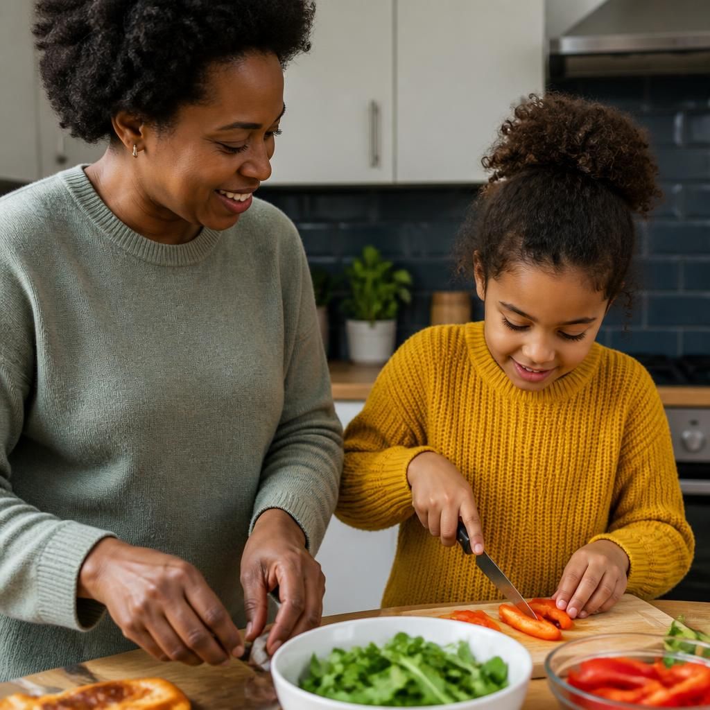 Foster carer and child preparing a meal together at home