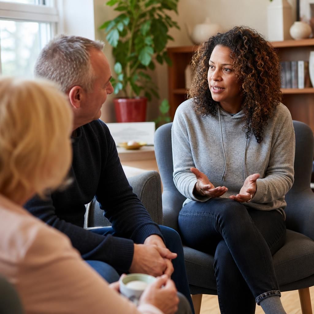 Foster carers sharing advice during a support group discussion