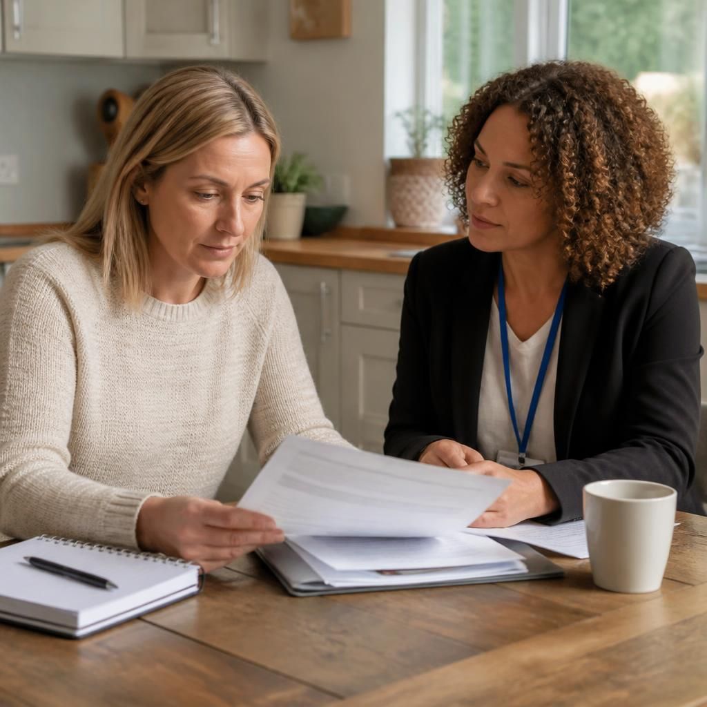 Foster carer reviewing payment details with a social worker