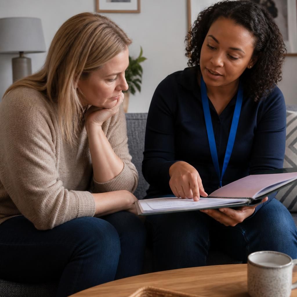 Foster carer reviewing an infant’s health records with a social worker
