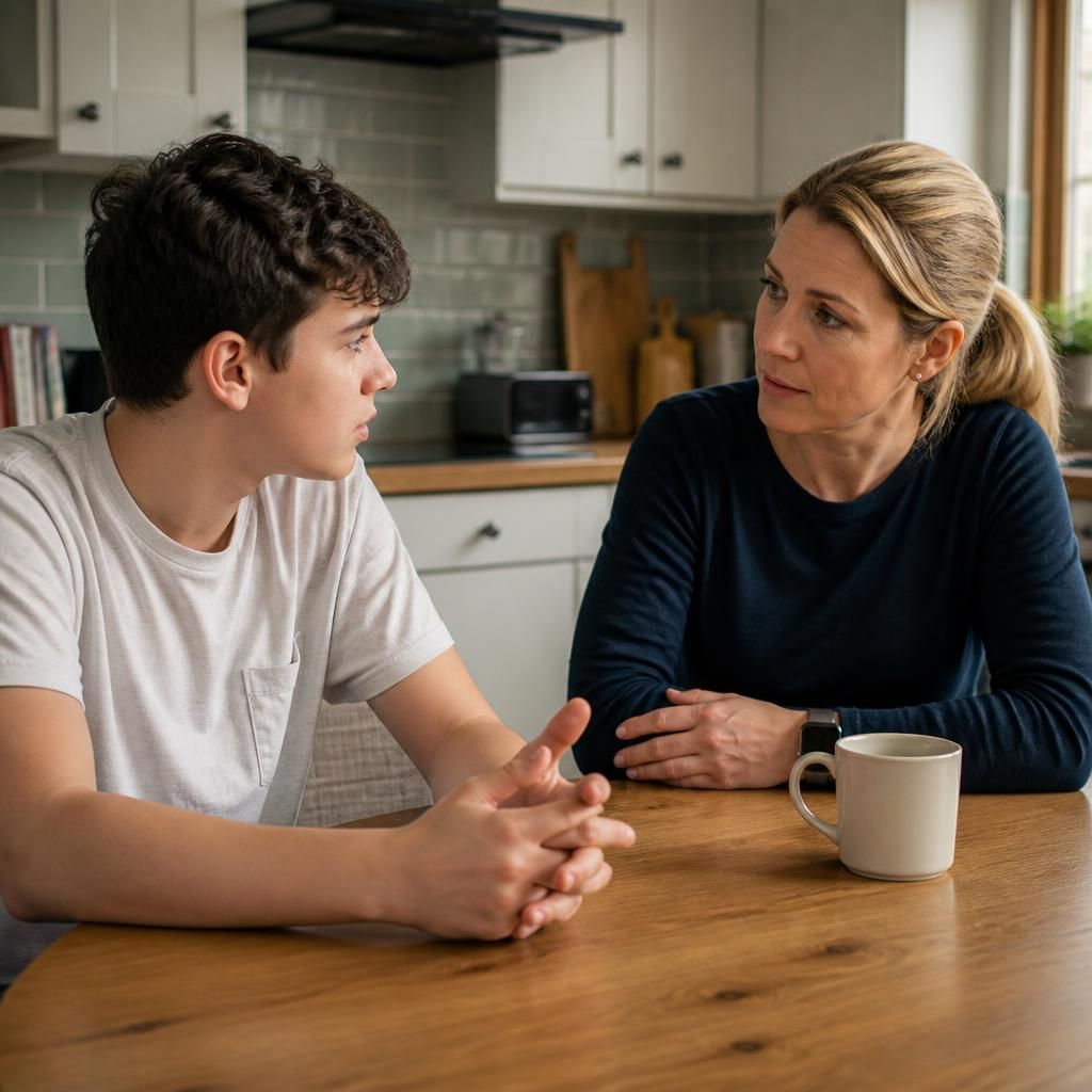 Foster carer and young person talking together at a kitchen table