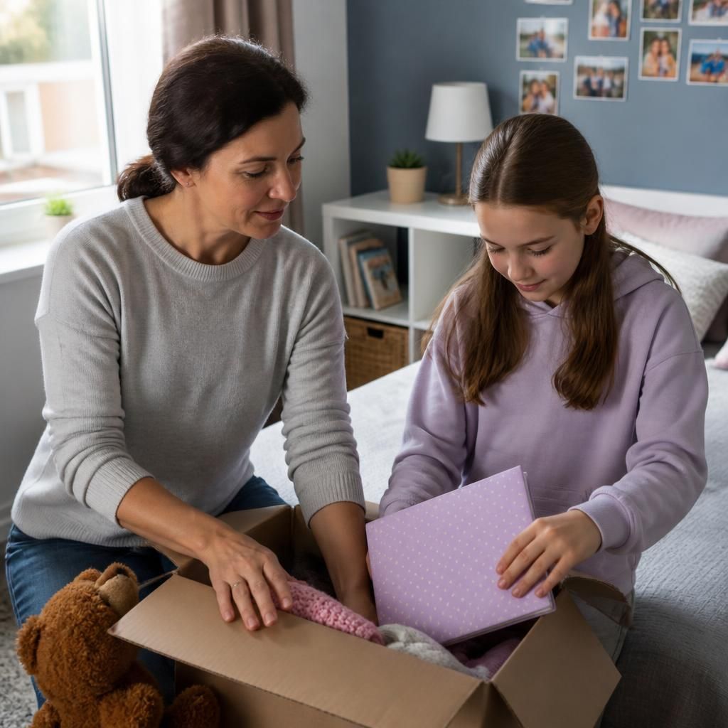 Foster carer and child preparing belongings for a planned move