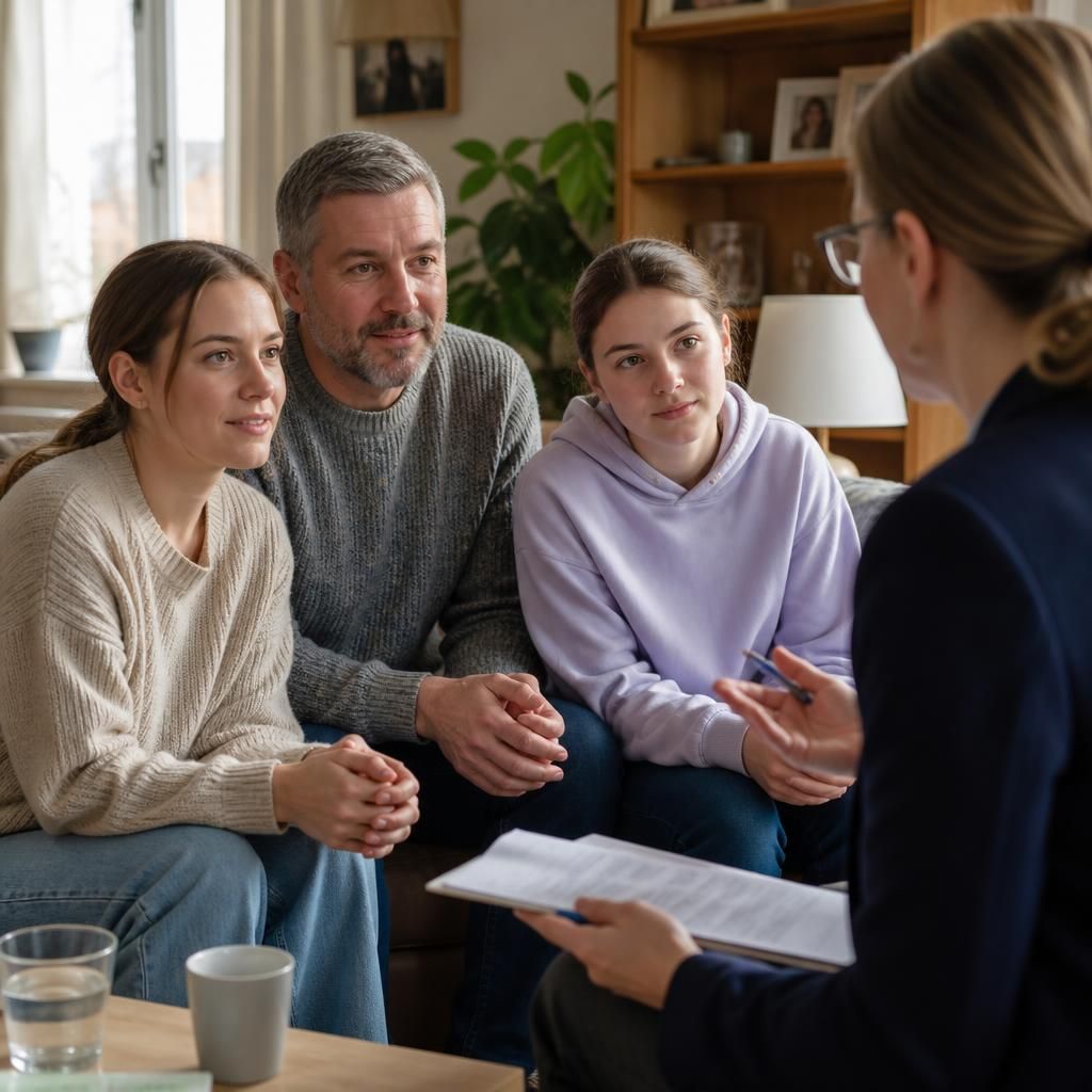 Family discussing fostering plans with a social worker at home