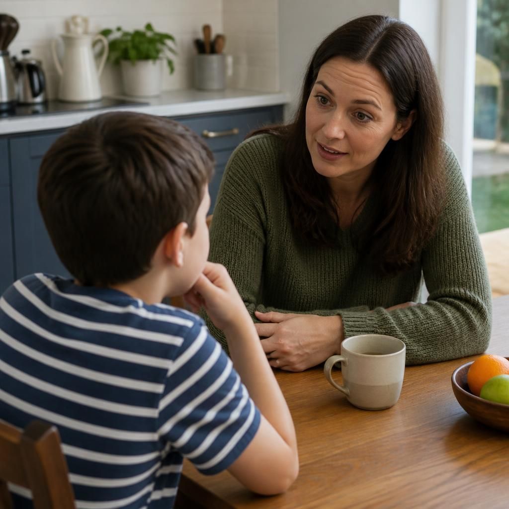 Foster carer talking with a child at a kitchen table