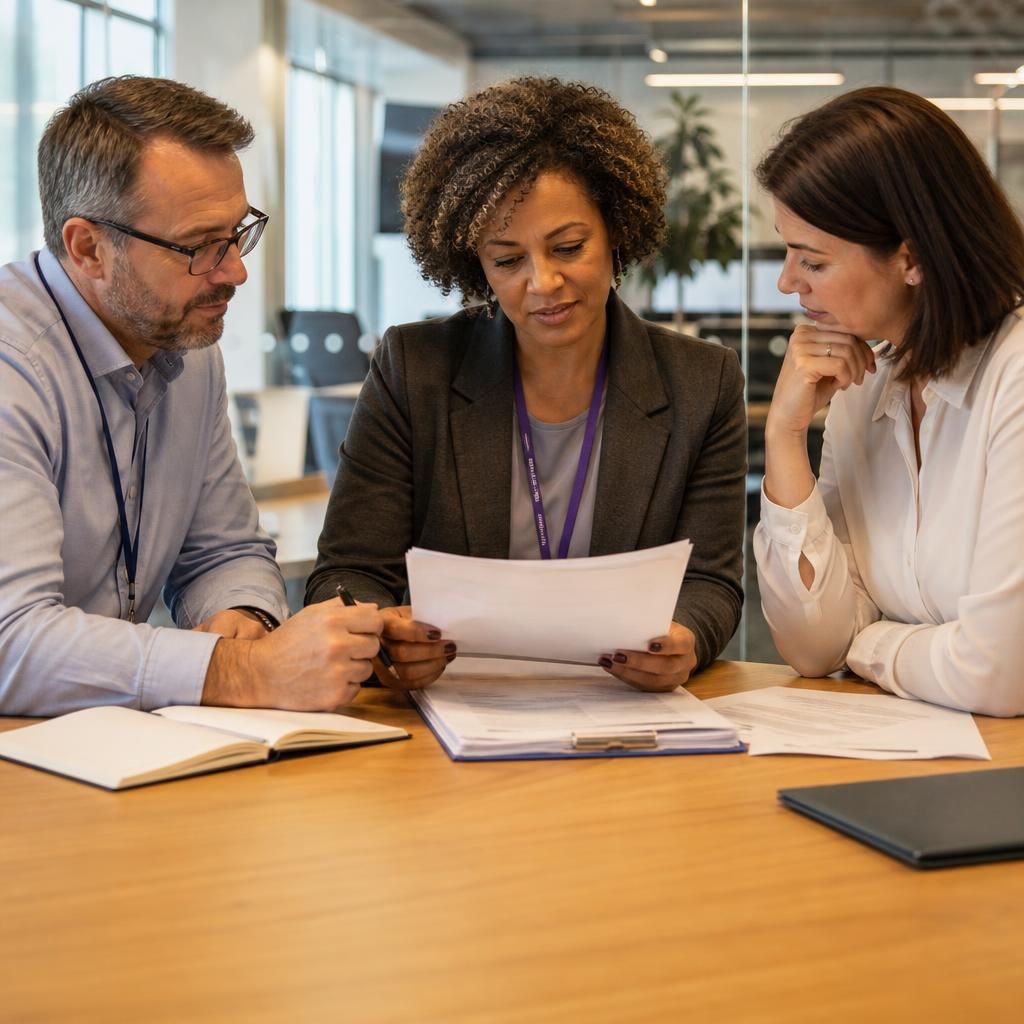 Fostering panel members reviewing a prospective carer’s assessment report