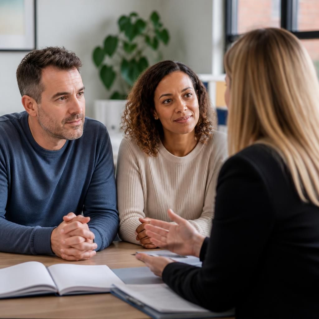 Fostering applicants speaking with a social worker during an assessment meeting