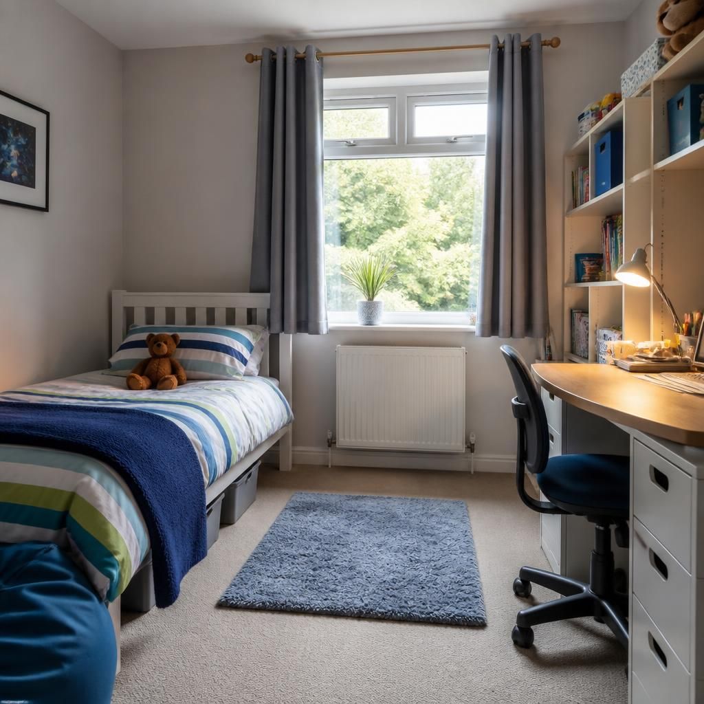 Child’s bedroom with a bed, storage space, desk and window