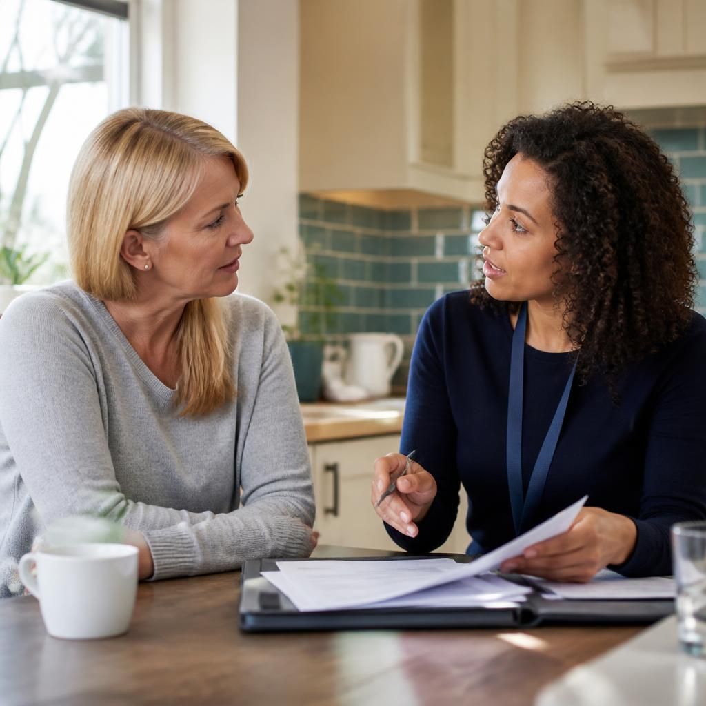 Foster carer and social worker discussing placement information at a table