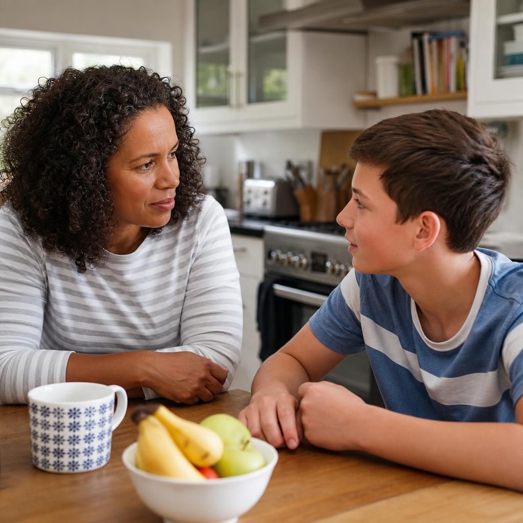 Foster carer and child talking together at a kitchen table