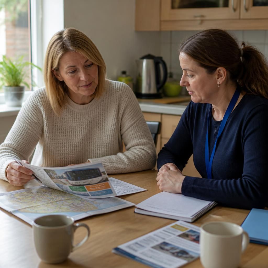 Foster carer reviewing local school and transport information with a social worker