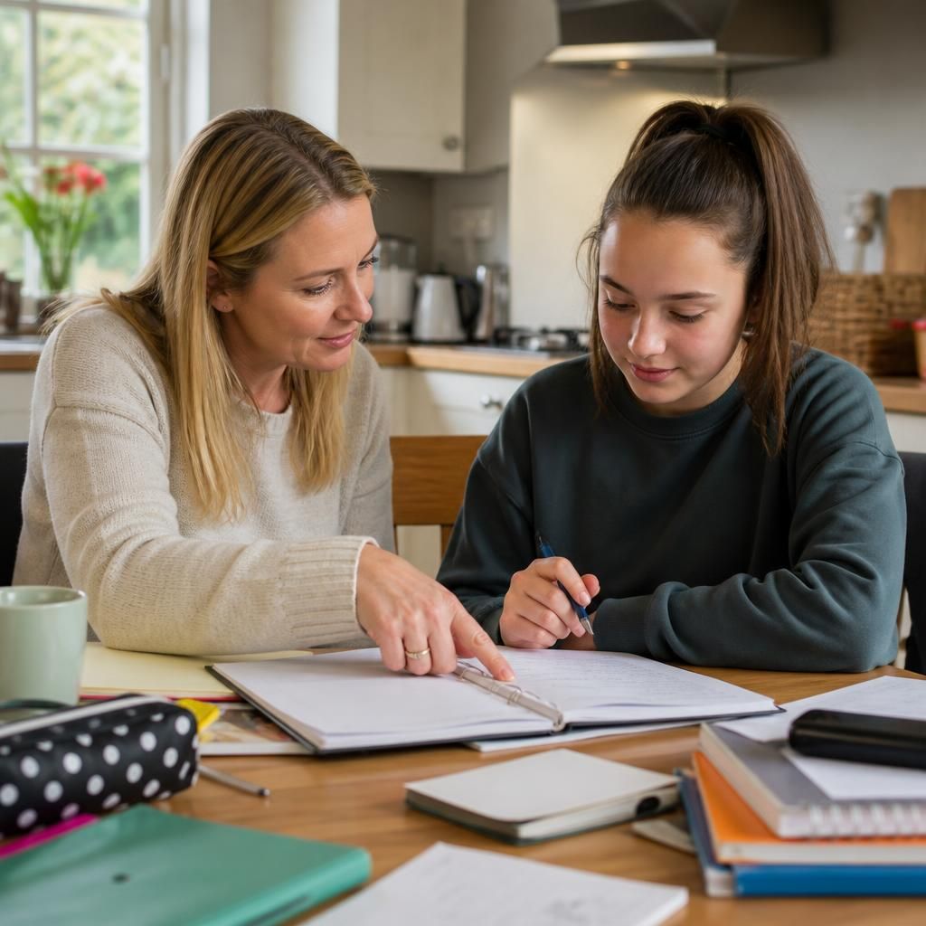 Foster carer helping a young person organise school materials at a table