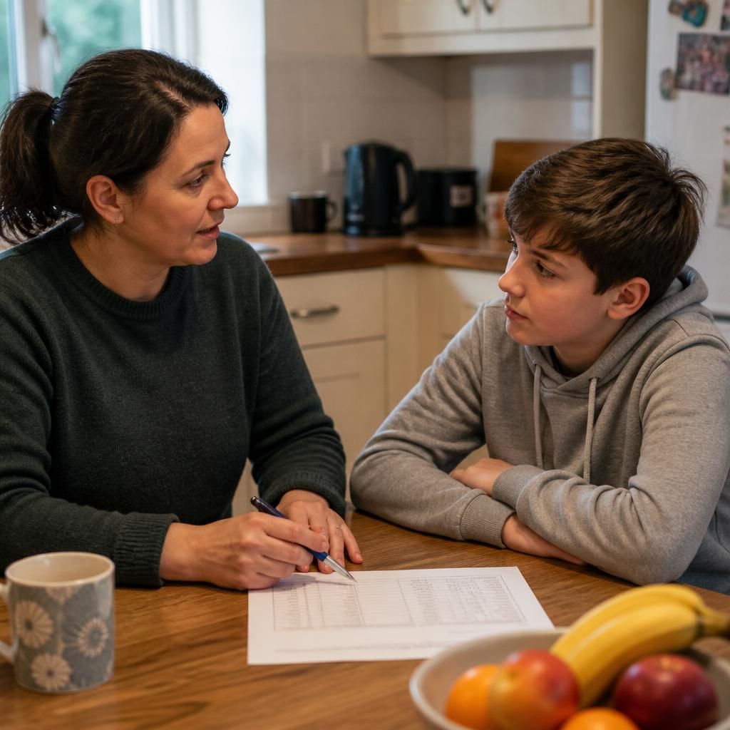 Foster carer and child discussing household rules at a kitchen table