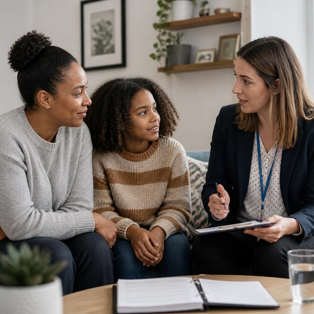 Relative and child discussing care arrangements with a social worker