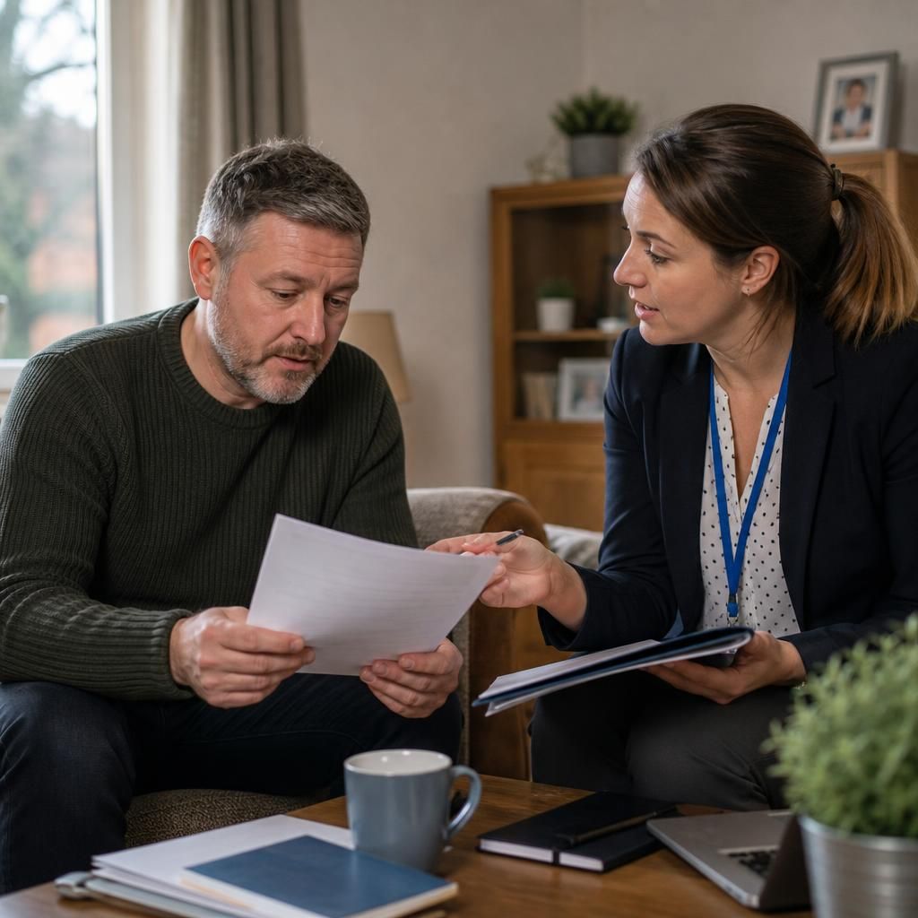 Relative discussing foster care paperwork with a social worker