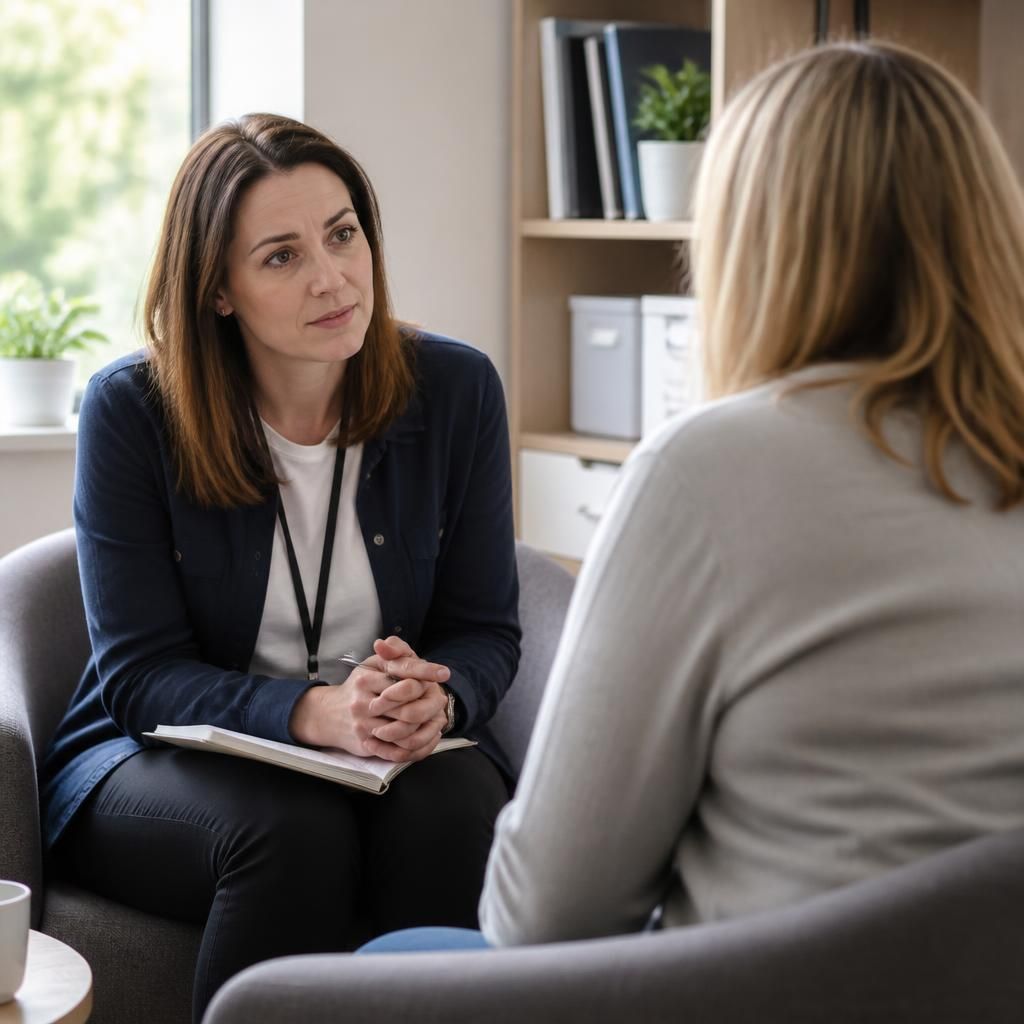 Foster parent speaking with a social worker during a private meeting
