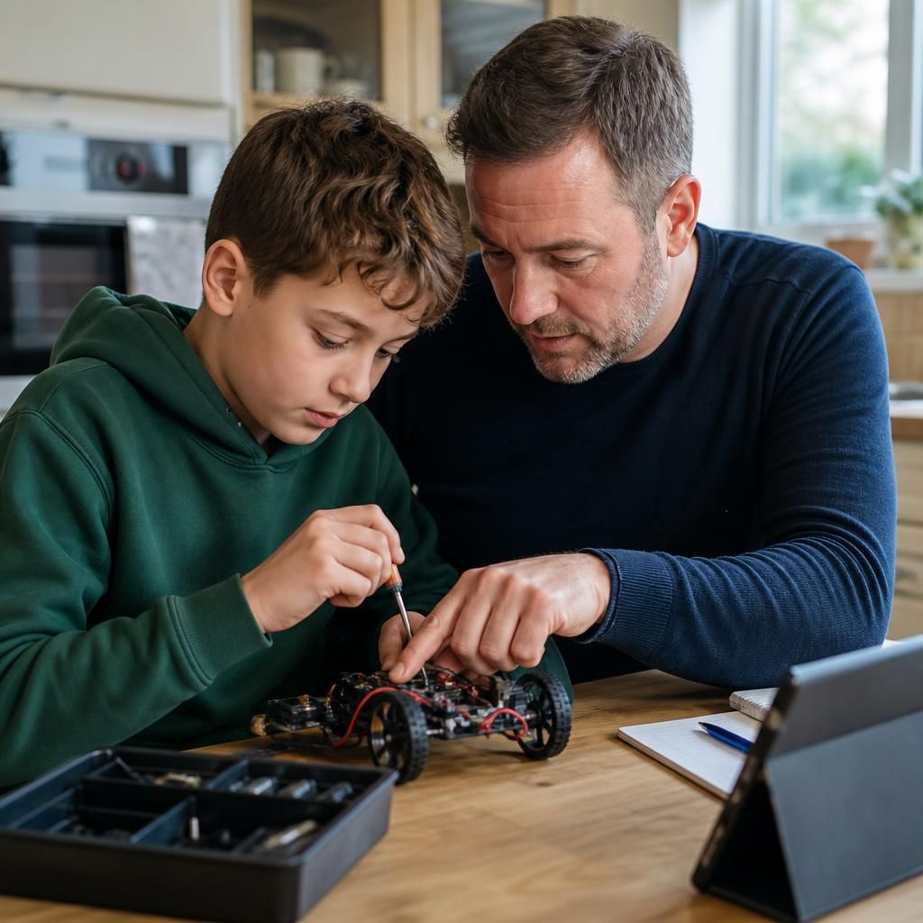 Foster carer helping a child with a practical activity