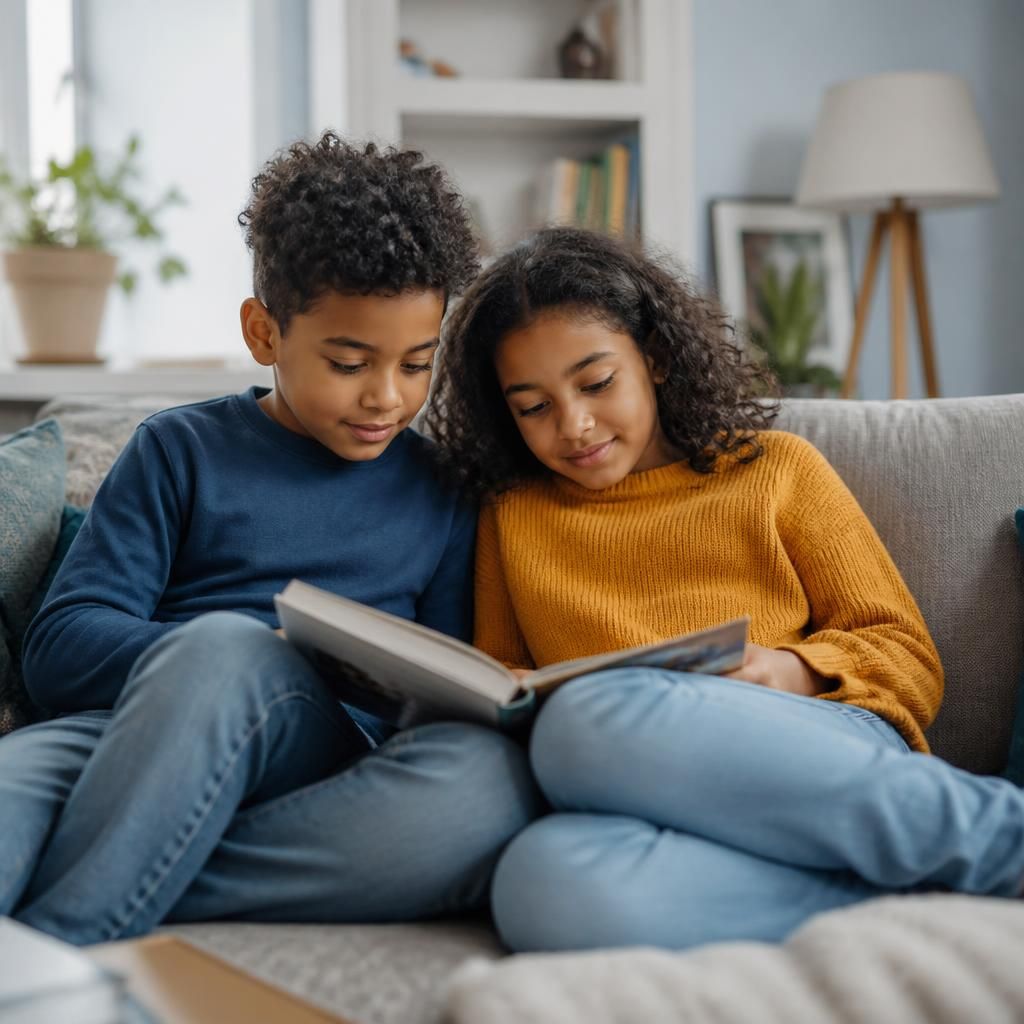 Two siblings reading together in a shared living room