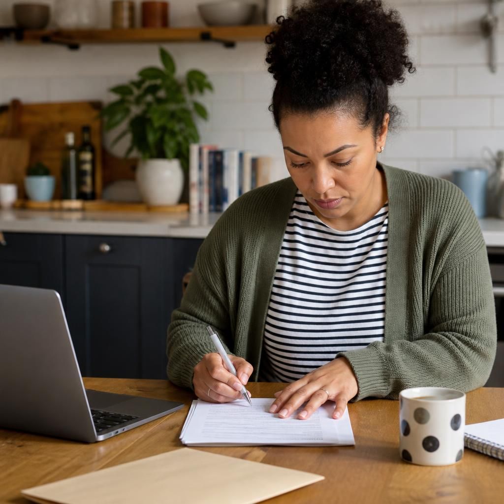 Adult completing fostering assessment paperwork at a kitchen table