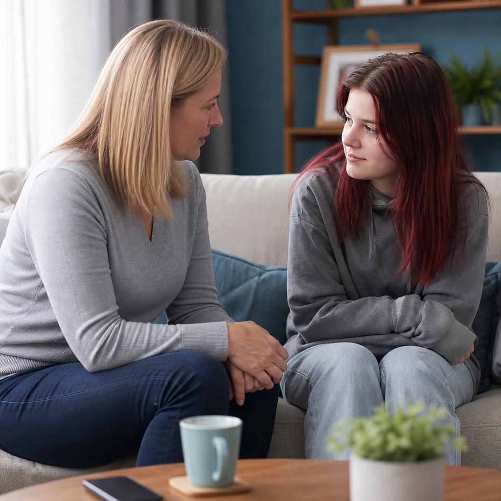 Foster carer and teenager talking quietly in a living room