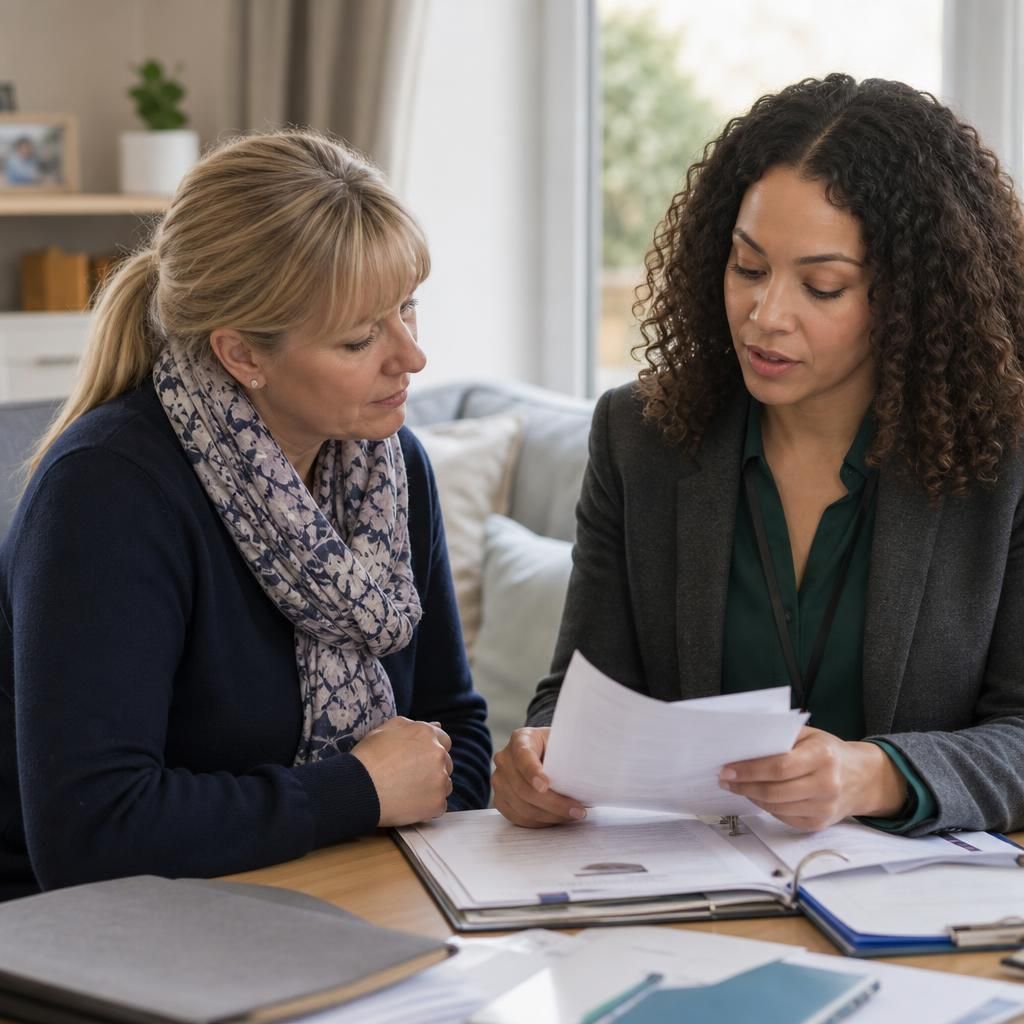 Foster carer reviewing assessment documents with a social worker