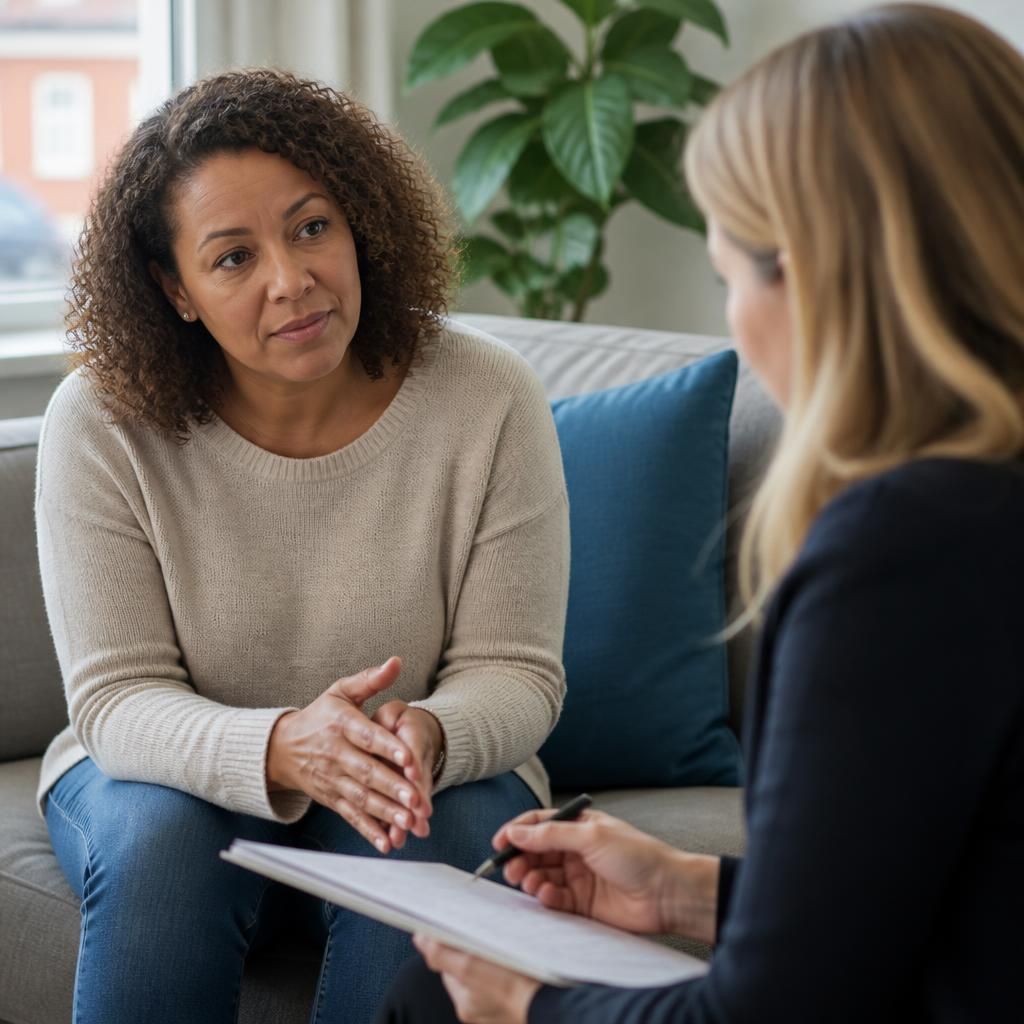 Foster carer speaking with a social worker during a family placement meeting