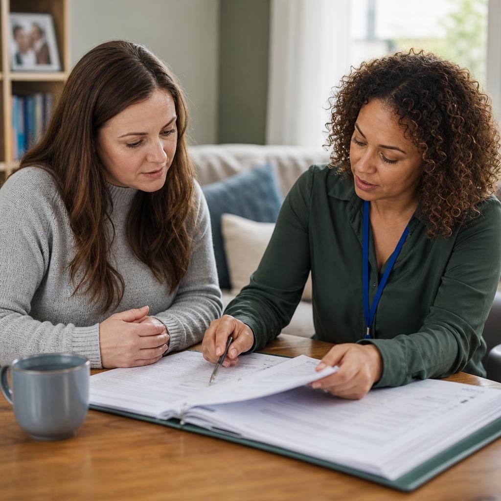 Foster carer and social worker reviewing a child’s care plan and placement records