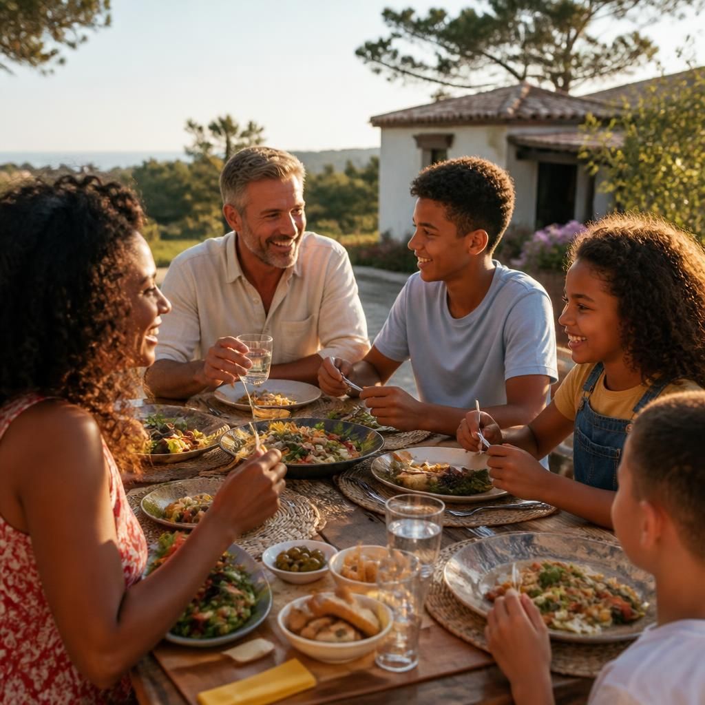 Adults and children sharing a meal outdoors during a family holiday