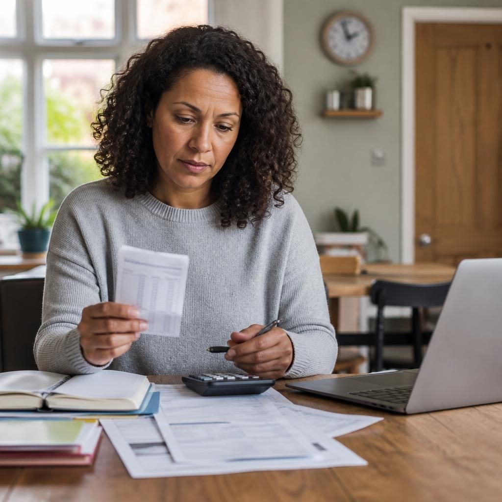 Foster carer reviewing household budget documents at a table