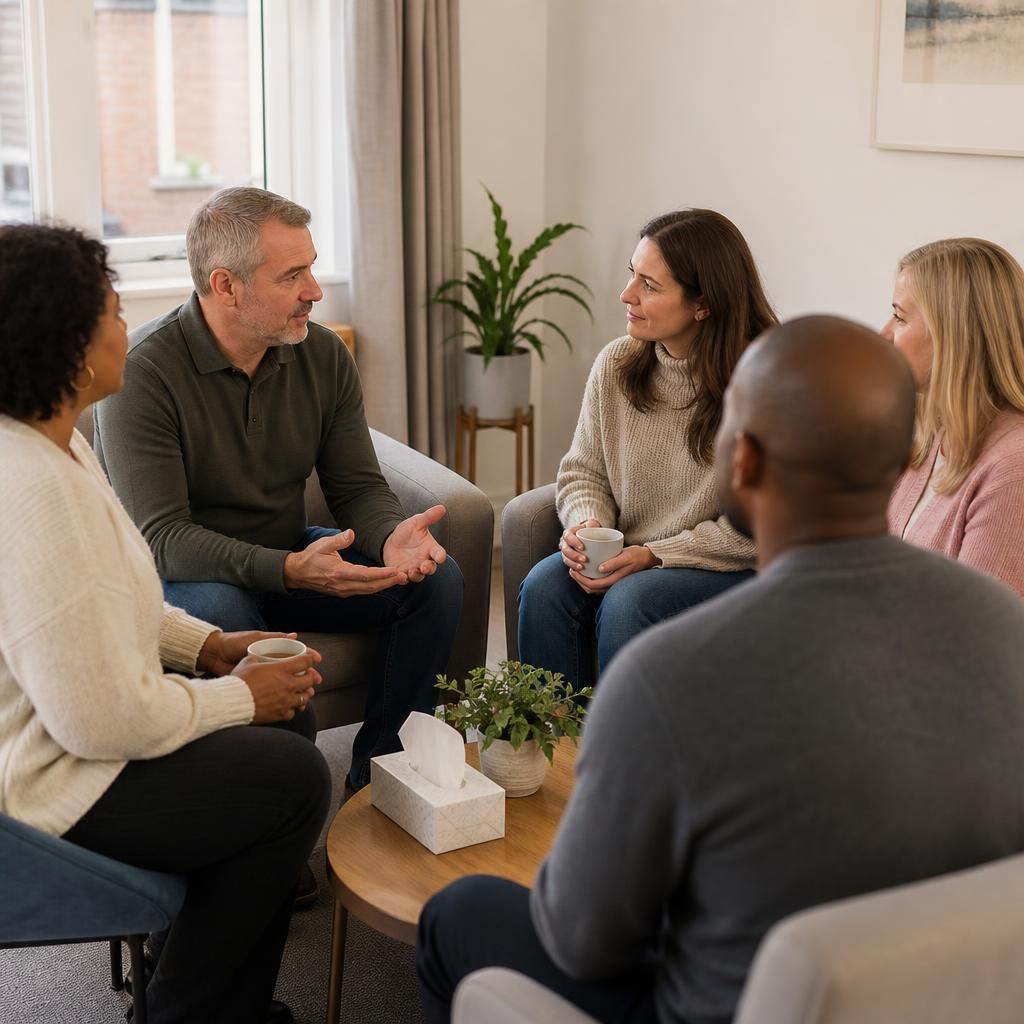 Foster carers sitting together during a group discussion