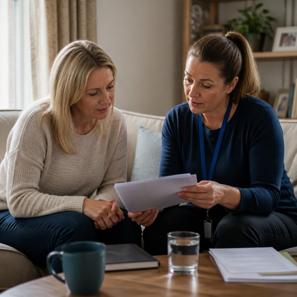 Foster carer reviewing assessment documents with a social worker at home