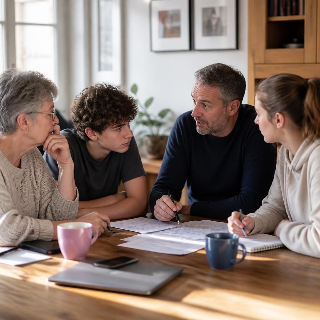 Family members discussing household responsibilities around a table