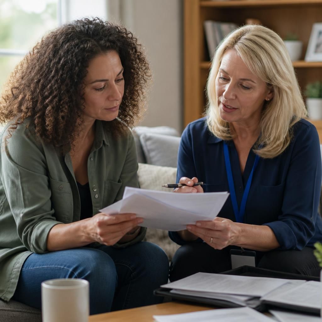 Prospective foster carer reviewing application documents with a social worker