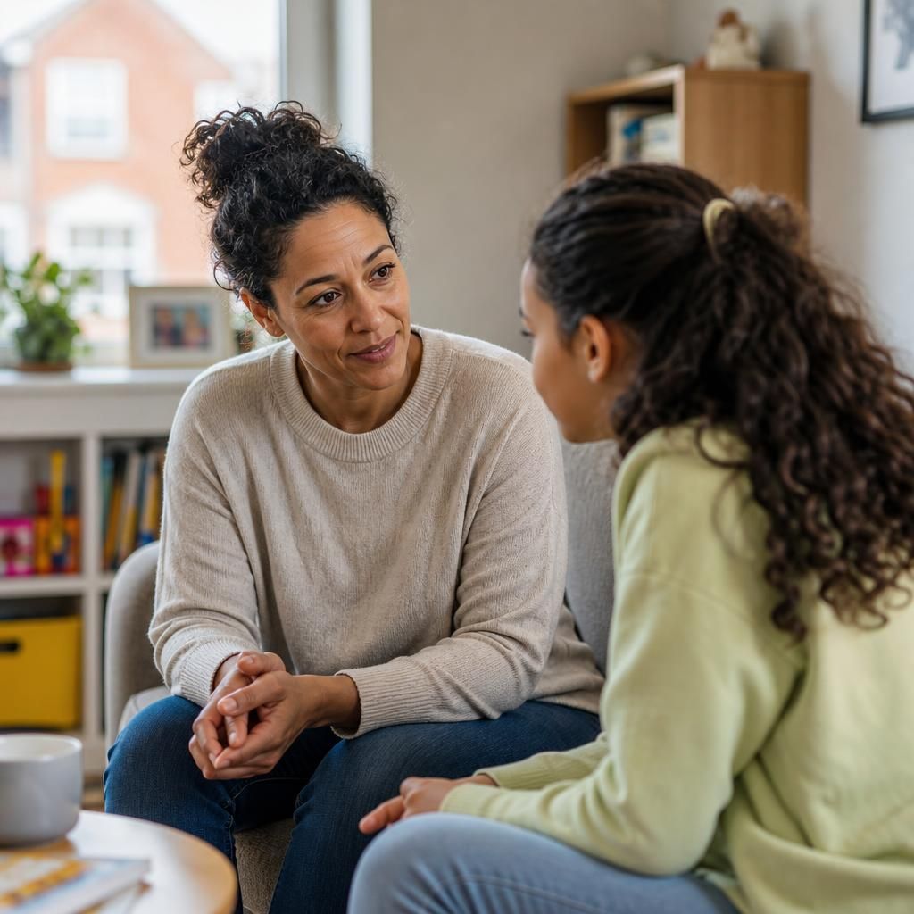 Foster carer speaking with a child at home