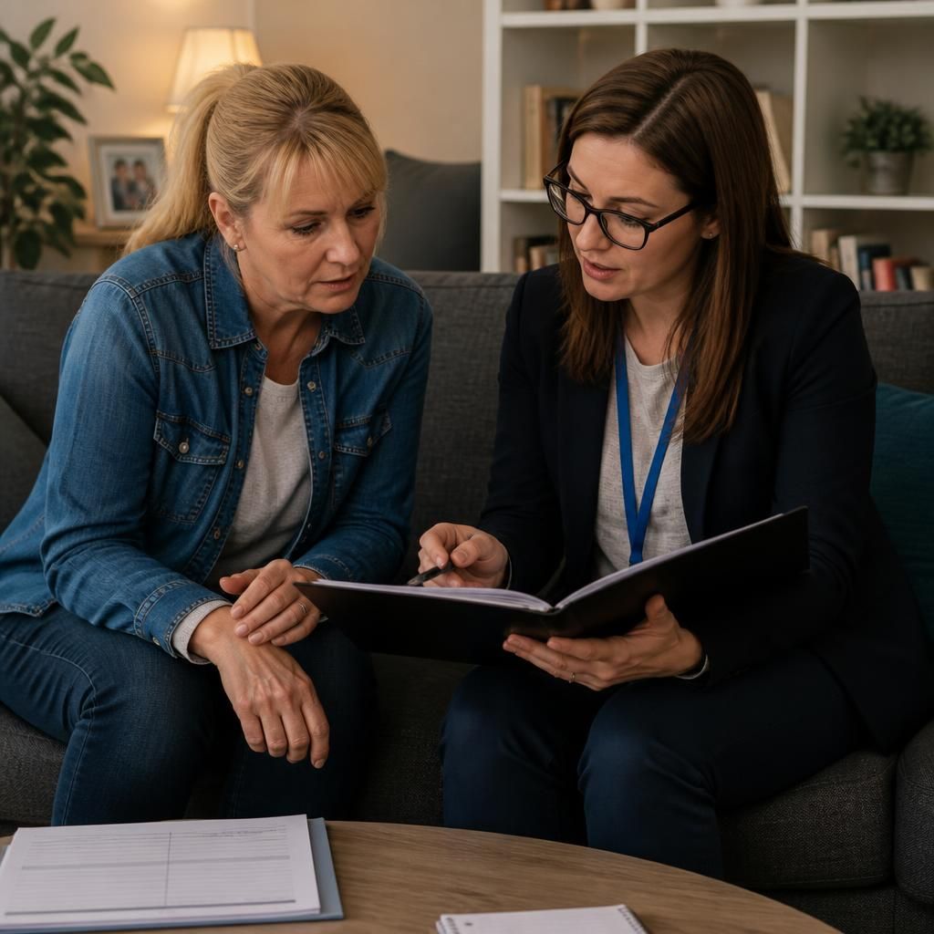 Foster carer and supervising social worker reviewing placement notes together