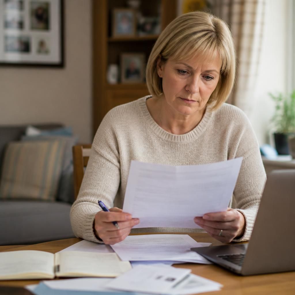 Kinship carer reviewing grant application documents at home