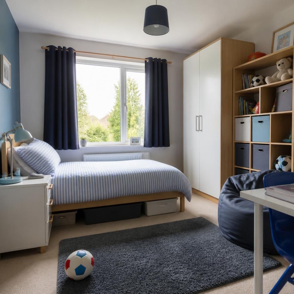 A tidy child’s bedroom with a single bed, storage and a window