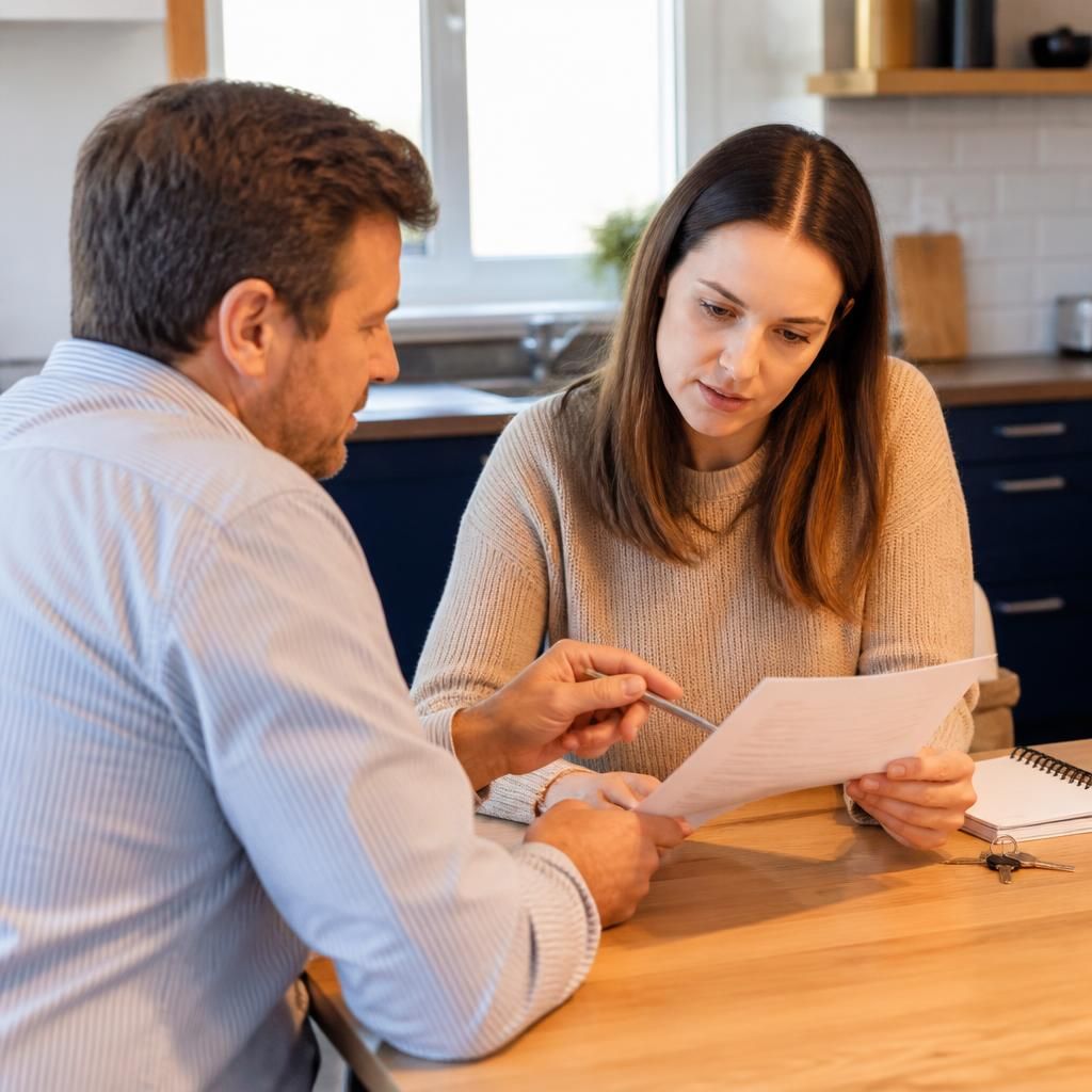 Tenant reviewing a tenancy agreement with a landlord at a kitchen table