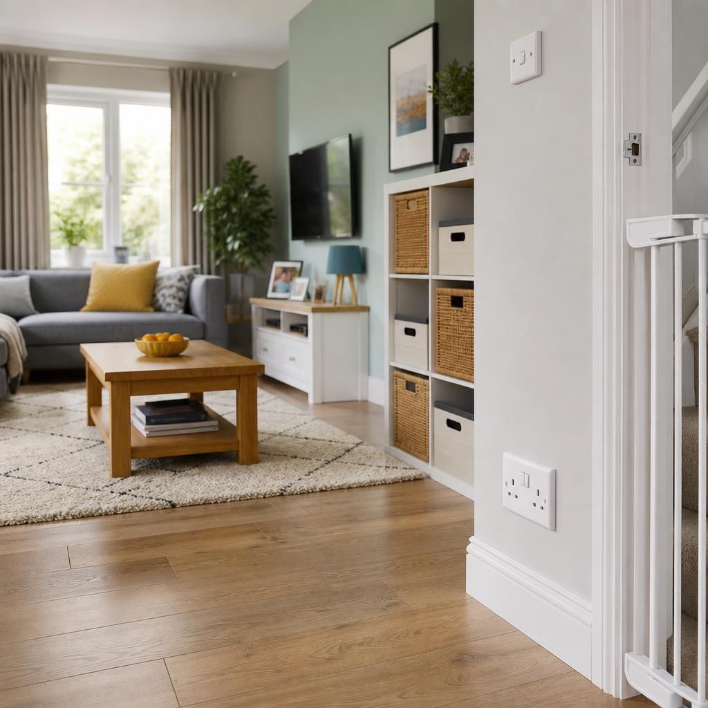 Tidy family living room with clear walkways, covered sockets and secure storage